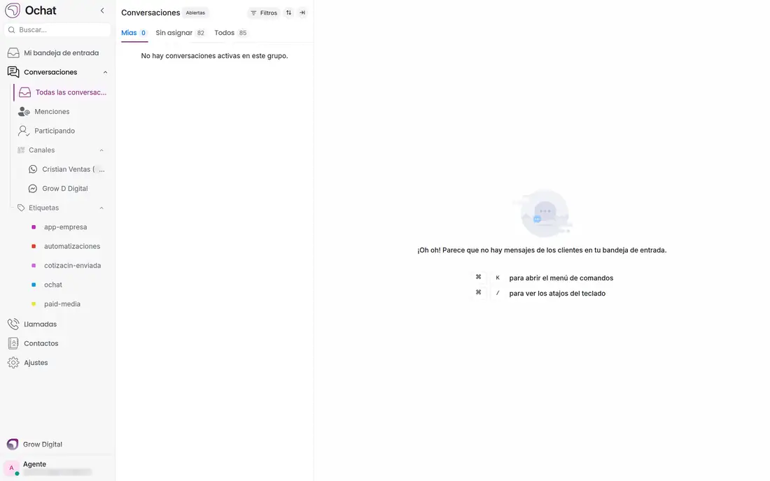 Lista de conversaciones del agente con las pestañas Mías, Sin asignar y Todos