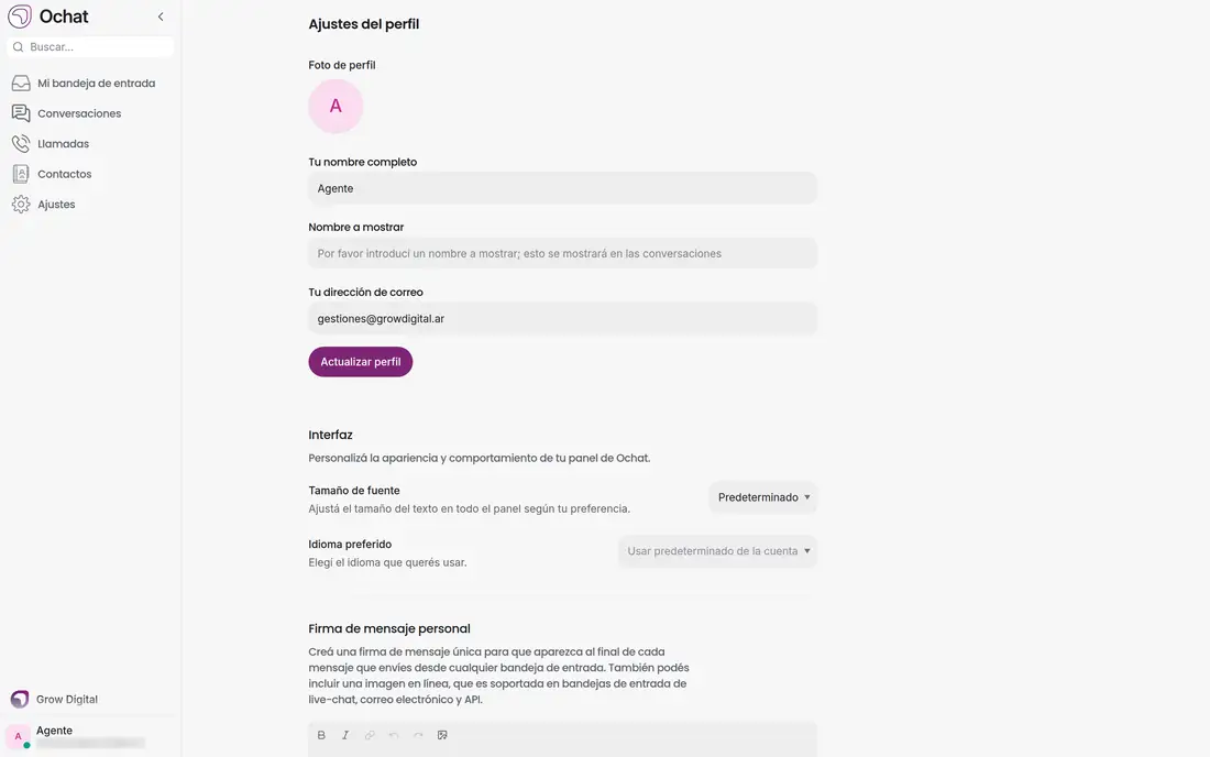 Ajustes del perfil del agente